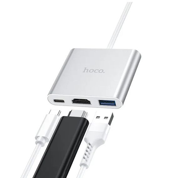 Концентратор USB Hub Hoco HB14 Type-C на USB 3.0 / HDMI / Type-C PD - Silver | Зображення 1