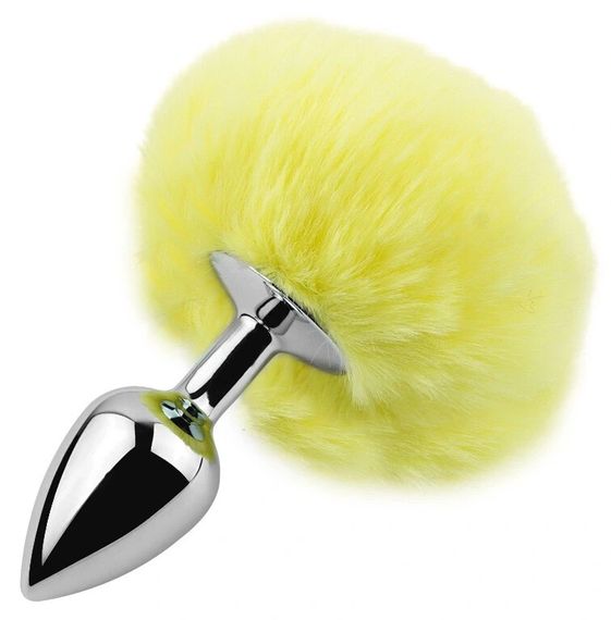 Анальная пробка с пушистым хвостиком EGZO Bunny Tail Silver Plug Yellow, размер S Sex Aura