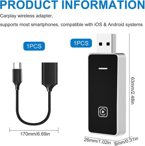 CarPlay Android Auto адаптер для перетворення дротового у бездротовий для iOS 10+ Android 11+, USB Type-C Карплей для авто | Зображення 3