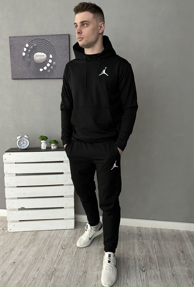 Комплект 3 в 1 Демісезонний спортивний костюм Jordan чорний худі + чорні штани (двонитка) + Футболка хакі Jordan | Зображення 2
