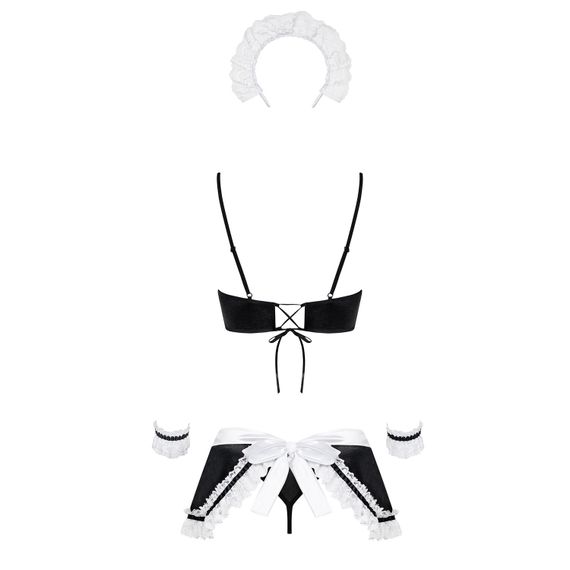 Атласний еротичний костюм покоївки Obsessive Maid set S/M, black, 5 предметів | Зображення 5