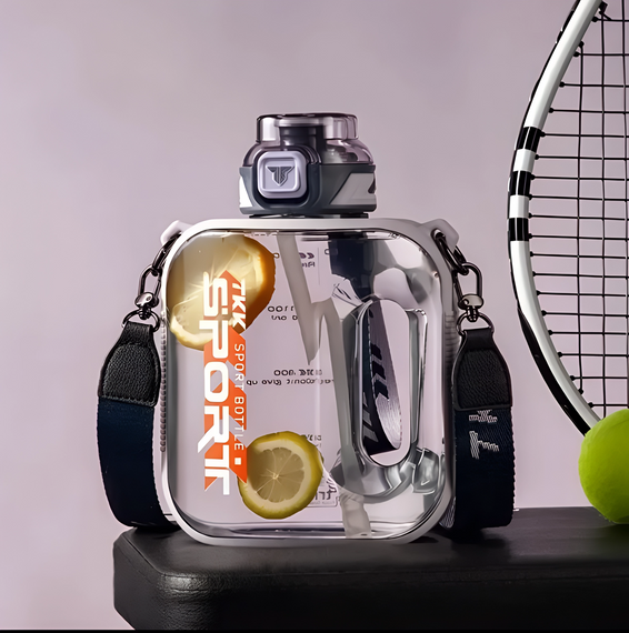 Спортивная бутылка для воды TKK Sport 2100 мл из Тритана (BPA Free), фиолетовая квадратная бутылка с трубочкой и ремешком | Зображення 5