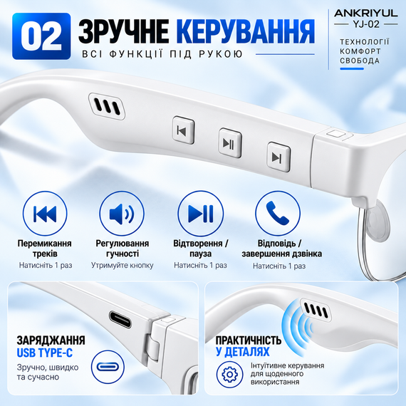 Розумні окуляри ANKRIYUL YJ-02, біла оправа, прозорі лінзи, Bluetooth 5.4, вбудовані динаміки та мікрофон, заряджання Type-C | Зображення 14