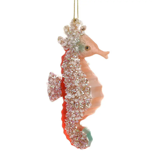 Ялинкова прикраса зі скла Морський коник з перлами та бісером 13.5, колір - кораловий