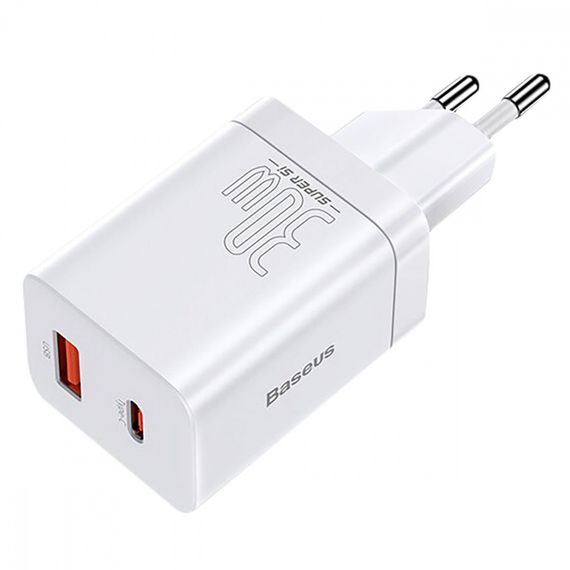 Мережевий зарядний пристрій Baseus Super Si Pro Quick Charger Type-C+USB 30W, Білий