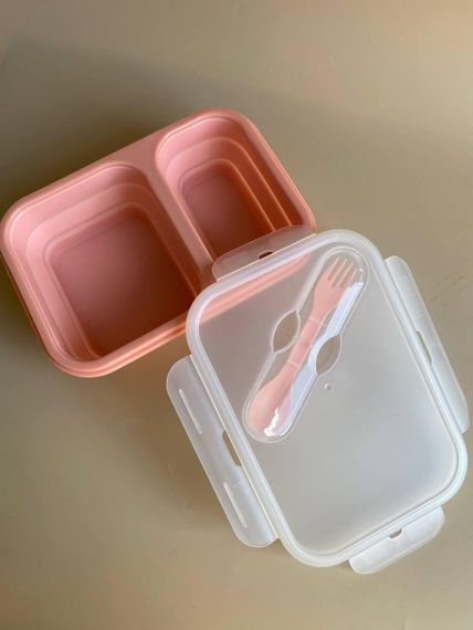 Ланч бокс дитячий силіконовий складний Рожевий | Зображення 1