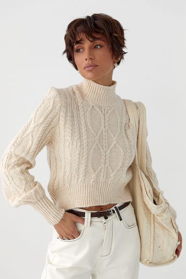 Короткий в’язаний светр з косичками - бежевий цвет, ONE SIZE (є розміри)