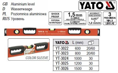 Уровень алюминий YATO Польша 2 ручки 3 глазка l=60 cм YT-3022