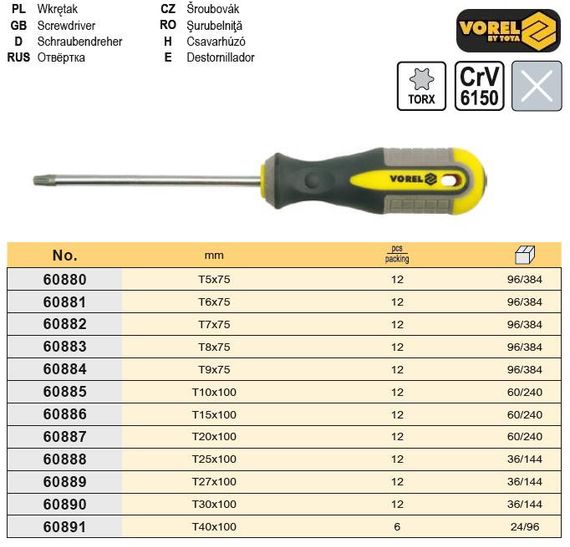 Отвертка TORX Польша Т6х75 мм CrV VOREL-60881