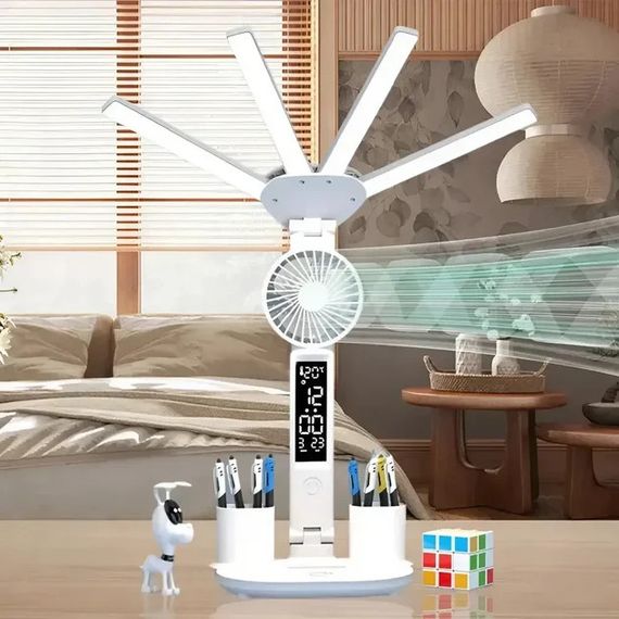 Настільна LED-лампа KRX-1011 з вентилятором, годинником і підставкою | Зображення 3