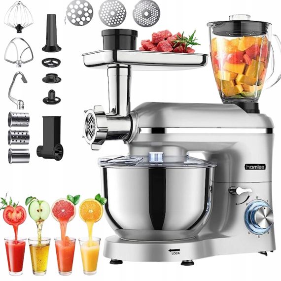 Універсальний кухонний комбайн Homlee 3 в 1, 1800 Вт — тістоміс, міксер, м’ясорубка, соковичавниця 1,5 л, чаша 5,5 л