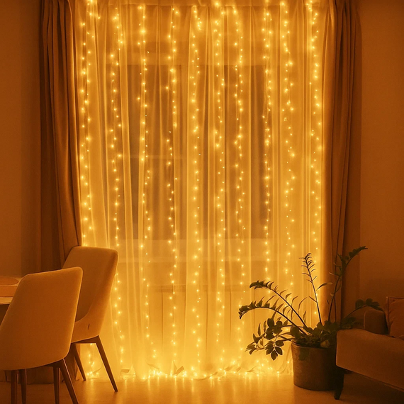 Новорічна гірлянда кімнатна штора роса Хвойна лапа 3х3 м 600 LED Жовте світло D600LED3MY