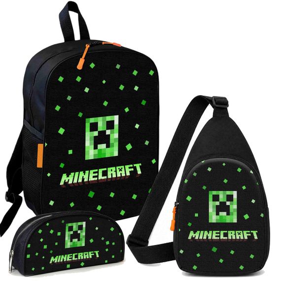 Набор Minecraft Крипер и пиксели 3 в 1: детский рюкзак + сумка-слинг + пенал, для мальчика и девочки 7–9 лет (6138)