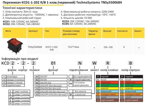 Переключатель KCD1-1-202 R/B 1 клавиша красный Ny95500684 | Зображення 1