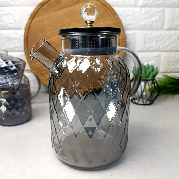 Термостойкий стеклянный чайник Topaz Crystal GK-5509 1,8 л декоративный рельефный дизайн Серый перламутр | Зображення 5