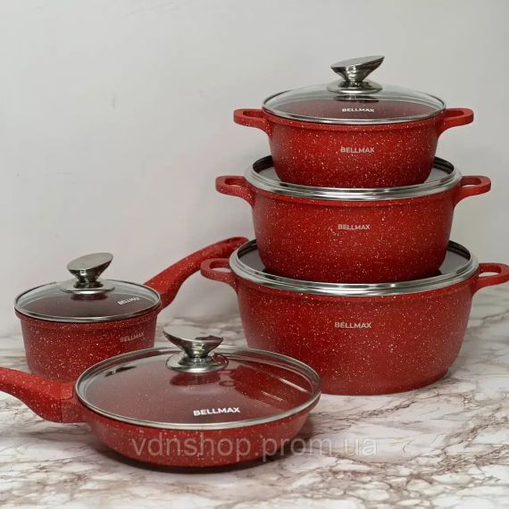 Набор посуды с гранитным антипригарным покрытием BellMax BM-305 из 12 предметов красный