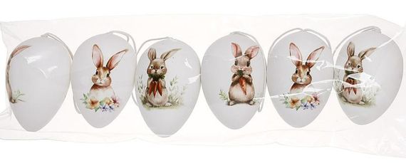 Великодній декоративний набір "Яйця" 6 підвісок, 4х6см пластик, білий з малюнком