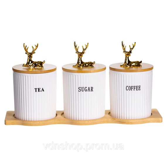 Набор фарфоровых банок для сыпучих на подставке 3 шт по 400 мл для чая кофе сахара SCT-652