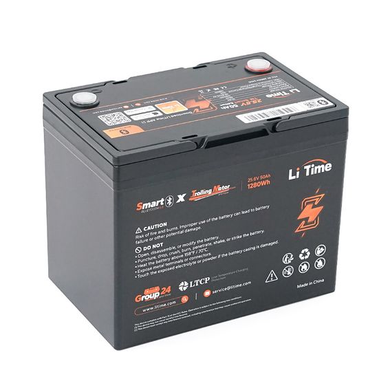 Акумуляторна батарея Li-TIME LiFePO4 25.6V 50Ач 1280Wh Bluetooth 5.0, 6000Cycles, BMS50A, ≤40mΩ, IP65, L206*B168*H211 mm, 9.6 kg | Зображення 1