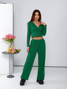 Женский костюм кроп-топ и свободные брюки палаццо трикотаж рубчик, UH376 размер 46/48, цвет черный