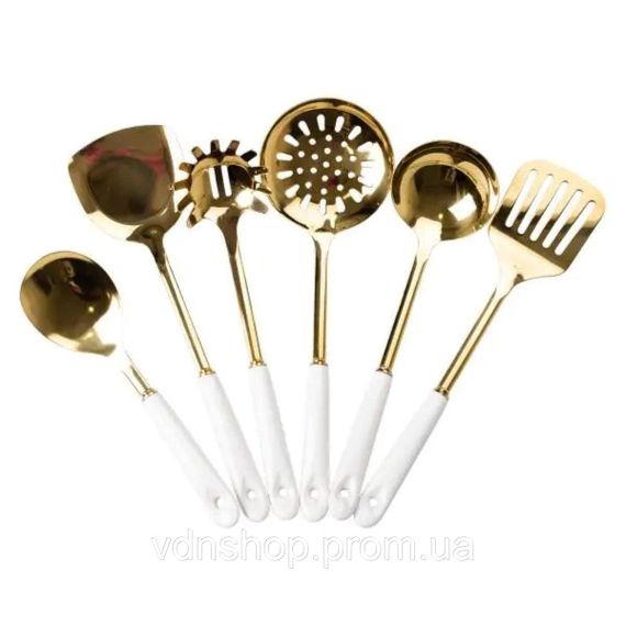 Набір кухонного приладдя 7 предметів на підставці столові прилади з нержавіючої сталі Золото з білим HP-20-7 | Зображення 3