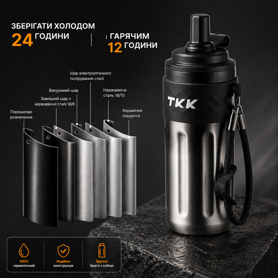 Термос-бутылка с трубочкой 500 мл. нержавеющая сталь темно серебристый | Зображення 6