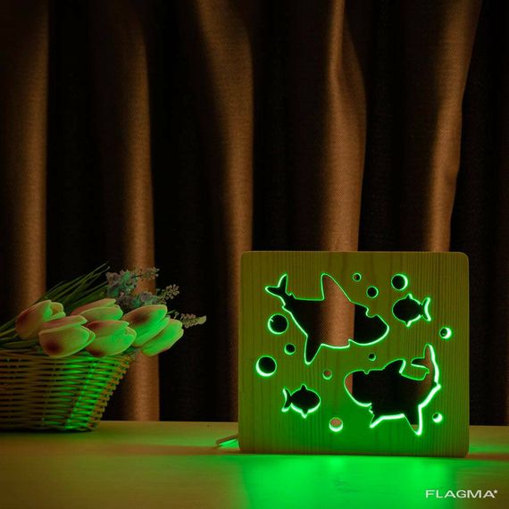 Светильник ночник ArtEco Light из дерева LED "Две акулы и рыбки" с пультом и... | Зображення 4