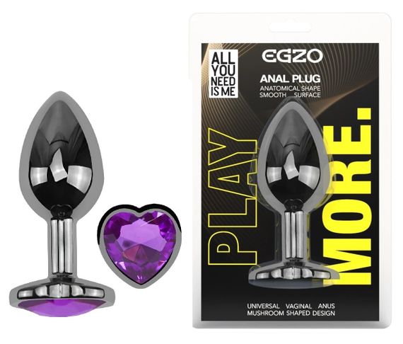 Анальна пробка EGZO Dark Silver Heart Plug S з фіолетовим кристалом, металева Sex Aura