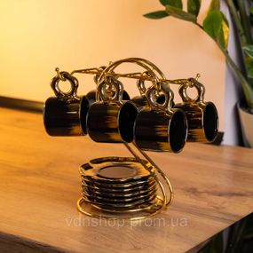 Набор чашек для кофе на металлической подставке 6 (шт) по 100 (мл) Черный с золотом FM-47