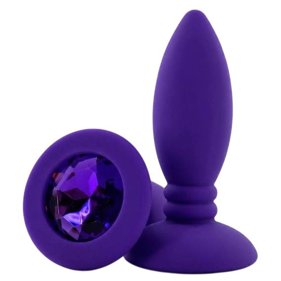 Анальная пробка силиконовая ALUME с рельефной ножкой, фиолетовая с фиолетовым камнем, S Sex Aura