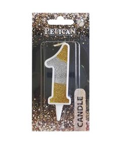 Свечка-цифра в торт "1" 867031 Pelican, серебро-золото 7см, на блистере (4828600860239)