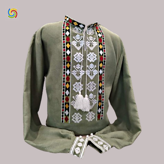 Рубашка Украинская вышиванка  32169 цвет оливковый размер L/XL