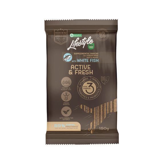 Лакомства Nature's Protection Lifestyle Grain Free White fish Active & Fresh беззерновые с белой рыбой для активных молодых собак всех пород 150 гр