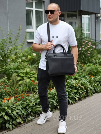 Чоловічий портфель на плече 38х28х8.5, офісний шкіряний месенджер, чоловіча ділова сумка для міста, чорна | Зображення 3