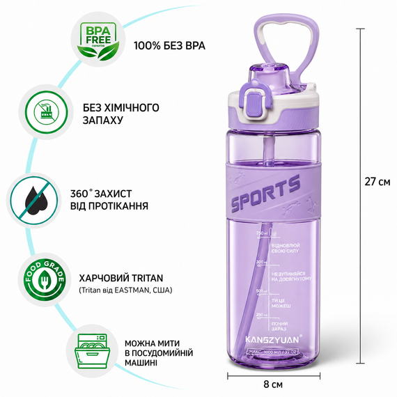 Эко-бутылка KANGZYUAN 500 мл - Фиолетовая Tritan BPA-free, ударопрочная, спортивная с эргономичной крышкой | Зображення 1