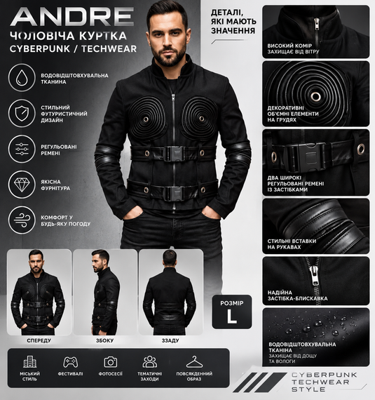 Мужская куртка ANDRE Cyberpunk Techwear черная водоотталкивающая, футуристическая куртка с ремнями, размер L | Зображення 7