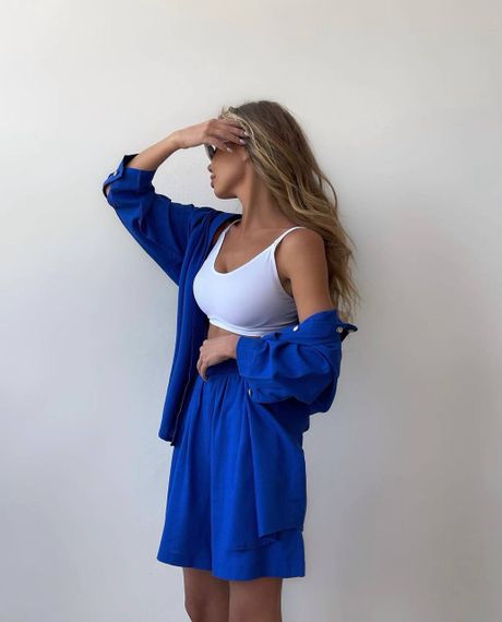 Женский летний костюм рубашка и шорты BF167 цвет синий, оверсайз 48/50 | Зображення 1