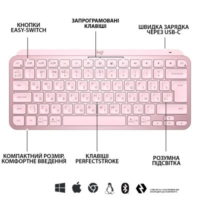 Клавиатура Logitech MX Keys Mini Wireless Illuminated UA Rose (920-010500) (920-010500) | Зображення 5