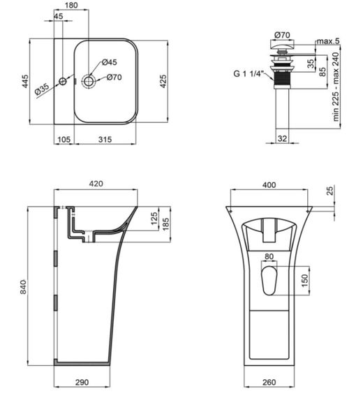 Комплект Qtap Crow: Раковина підлогова моноблок 445x420x840 мм White + Донний клапан PU02O (QT0511G315WN47321) | Зображення 1