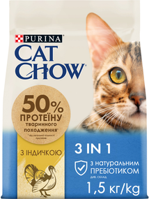 Сухий корм Purina Cat Chow Feline 3-in-1 для дорослих котів із формулою потрійної дії, індичка 1.5кг
