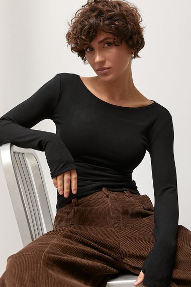 Еластичний базовий приталений лонгслів - чорний цвет, ONE SIZE (є розміри)