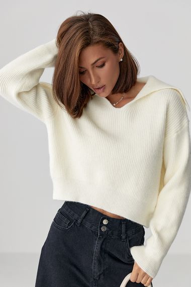 Джемпер у рубчик із відкладним коміром - молочний цвет, ONE SIZE (є розміри)