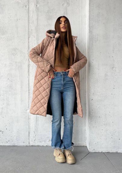 Женская длинная теплая куртка-пальто стеганая силикон 200, NA1044 цвет мокко, размер 42/44 | Зображення 3