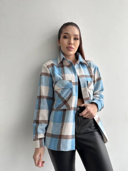 Женская теплая хлопковая рубашка в клетку GDF840, цвет бело-голубая, размер 42/46