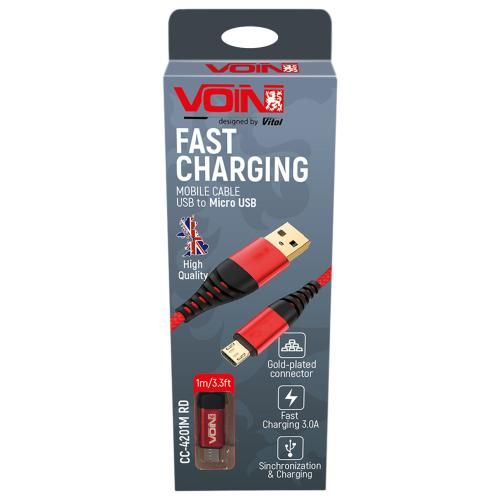 Кабель VOIN CC-4201M RD USB - Micro USB 3А, 1m, red (швидка зарядка/передача даних) | Зображення 1