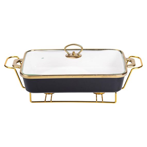 Марміт порцелянаовий із скляною кришкою 40х22.5х15.5 см на металевій підставці 2 л Чорний HTJ-1003