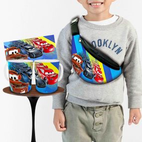 Набор: детская сумка-бананка+кружка Тачки Молния Маквин 32х15см,бананка для мальчика через плечо (00982)