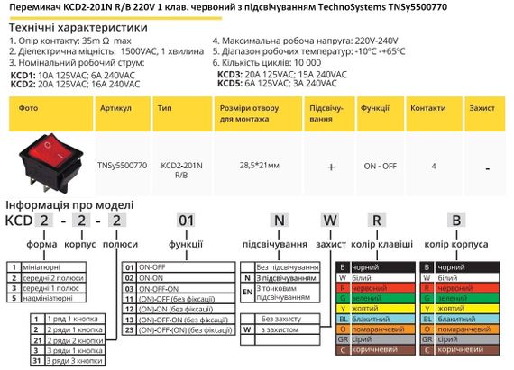 Перемикач KCD2-201N R/B 220V 1 червона клавіша з підсвічуванням Ny95500770 | Зображення 1