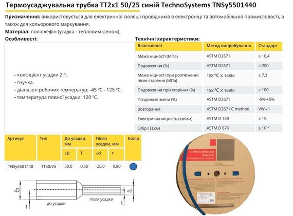 Термоусадочна трубка ТТ2х1 50/25 синя в рулонах 25м Ny95501440 | Зображення 1