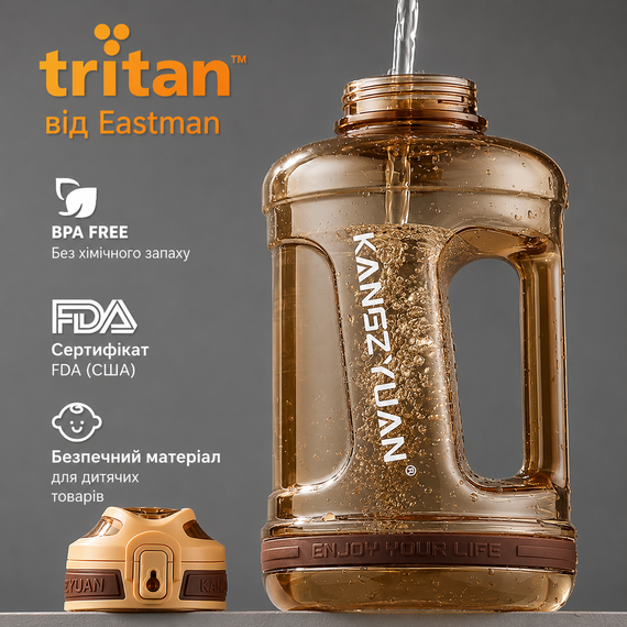 Эко-бутылка KANGZYUAN 2200 мл (2.2 л) - Оранжевая Tritan BPA-free, ударопрочная, спортивная с ручкой и ремешком | Зображення 6